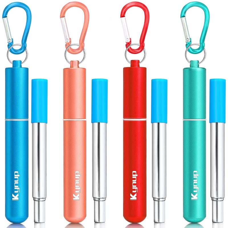 Kynup 4Packs Reusable Straws, Metal Straw with Silicon, Travel Drinking Straws with Case, Keychain, Cleaning Brushes, Silicon Pcs Perfect for Travel, Gifts (20 PCS) Blue-Rose Gold-Red-Turquoise - Image 1