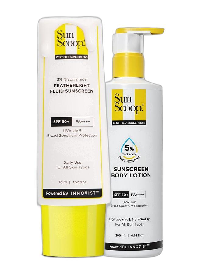 SunScoop 3% Niacinamide Fluid Sunscreen| SPF 50+ PA++++| Super light formula| Prevents tanning & sunburn| Reduces pigmentation| Non-Comedogenic| 45ml & 5% Niacinamide Daily Moisture Sunscreen Body Lotion SPF 50+ PA++++ | 24-Hours Moisturization | Reduces Pigmentation | Smoothens the Skin (200ml) Bundle - Image 1