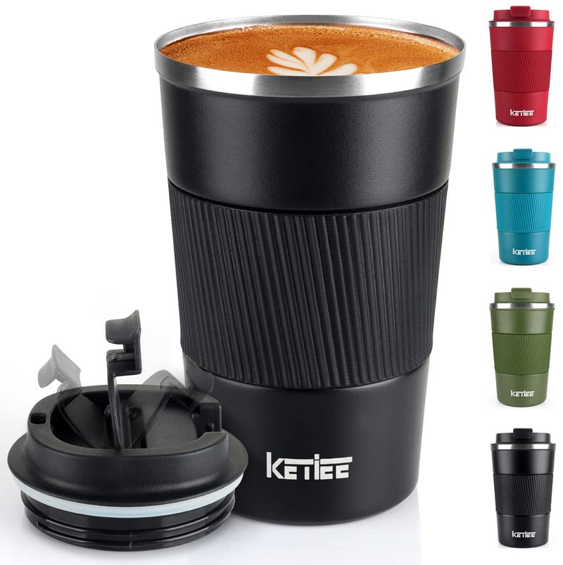 KETIEE Travel Mugs, 380ml Insulated Coffee Cup with Leakproof Lid,Reusable Coffee Cups Travel Cup,Coffee Travel Mug,Double Walled Coffee Mug,Stainless Steel thermaol Mug for Hot Cold Drinks,Black - Image 1