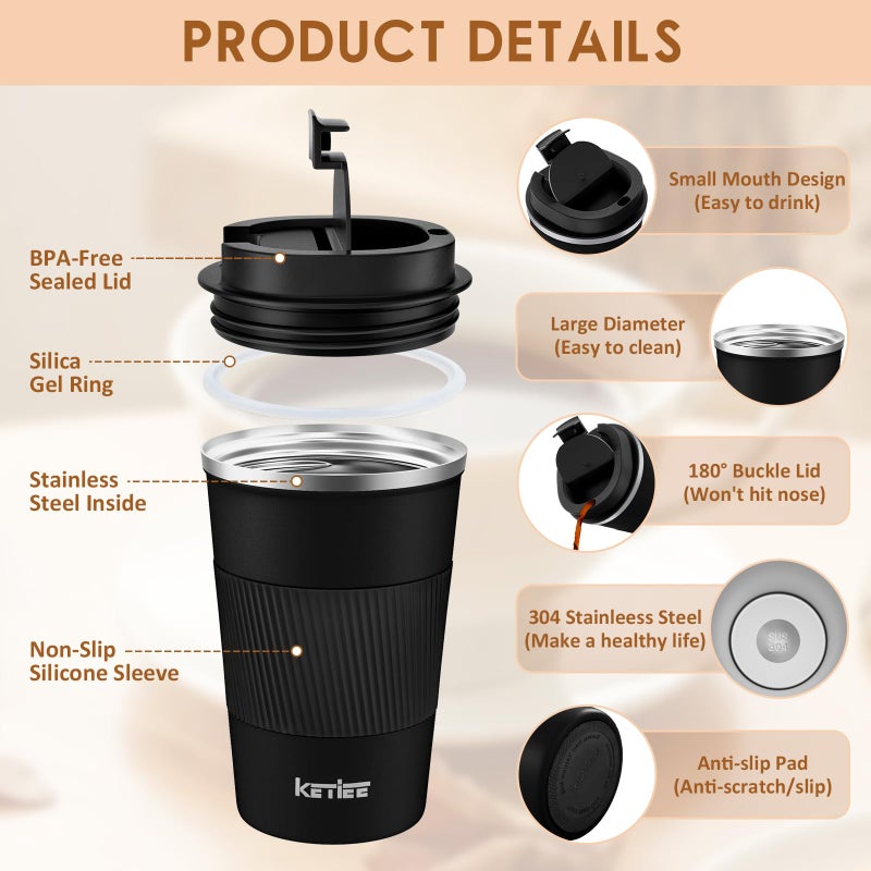 KETIEE Travel Mugs, 380ml Insulated Coffee Cup with Leakproof Lid,Reusable Coffee Cups Travel Cup,Coffee Travel Mug,Double Walled Coffee Mug,Stainless Steel thermaol Mug for Hot Cold Drinks,Black - Image 2