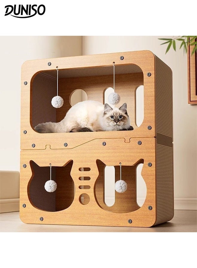 DUNISO 2 Lays Multifunctional Cat Scratcher House 3 in 1 Cat Scratcher Cardboard Cube Shape Scratching Board with 4 Toy Balls Indoor Detachable Corrugated Board Cat Scratcher Box for Cats Grinding Claw, Training, Playing, Sleep, Rest - Image 1