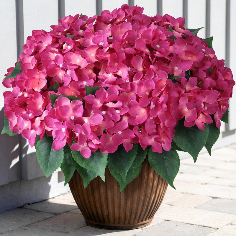 FOTEEWL 8 Bundles Artificial Hydrangea Flowers for Outdoor Decor, Realistic Faux Silk Bouquets Sun-Resistant Fake Plants for Front Door Balcony Farmhouse Garden Home Spring Summer Decor (Rose Red) - Image 1