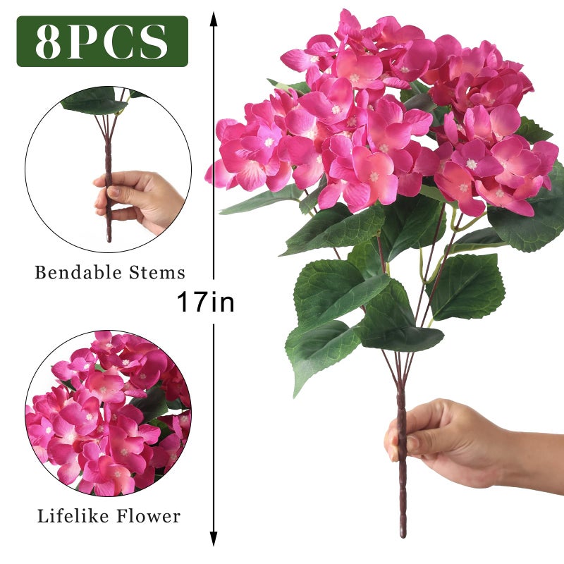 FOTEEWL 8 Bundles Artificial Hydrangea Flowers for Outdoor Decor, Realistic Faux Silk Bouquets Sun-Resistant Fake Plants for Front Door Balcony Farmhouse Garden Home Spring Summer Decor (Rose Red) - Image 5