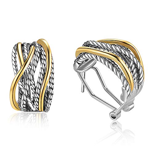 Mytys Two Tone Huggie Hoop Earrings Cross Over Design Twisted Rope Silver Gold Statement Wide Band Clip On Hoops for Women Fashion Jewelry Gift (Gold & Silver) - Image 1