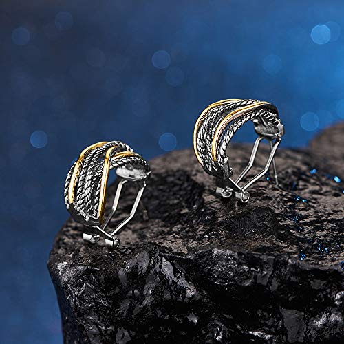 Mytys Two Tone Huggie Hoop Earrings Cross Over Design Twisted Rope Silver Gold Statement Wide Band Clip On Hoops for Women Fashion Jewelry Gift (Gold & Silver) - Image 5