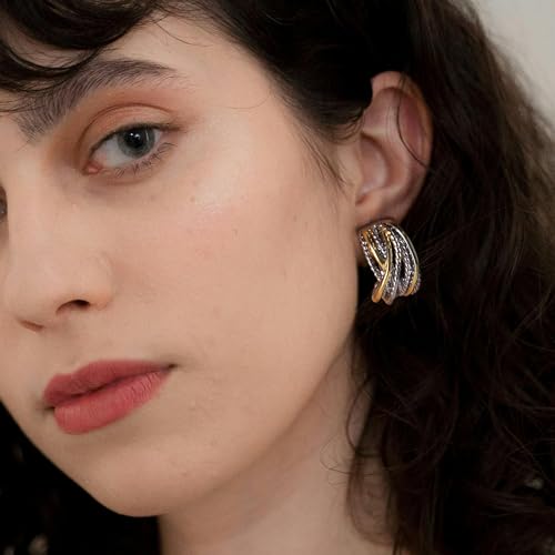 Mytys Two Tone Huggie Hoop Earrings Cross Over Design Twisted Rope Silver Gold Statement Wide Band Clip On Hoops for Women Fashion Jewelry Gift (Gold & Silver) - Image 3
