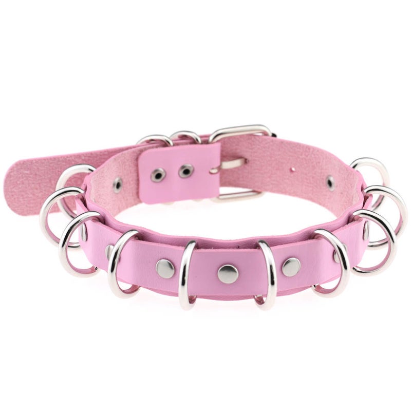 Punk Style Double Layer Leather Necklace With Multiple Rings Exaggerated Gold Metal Neck Ring Direct Manufacturer Sales Pink 