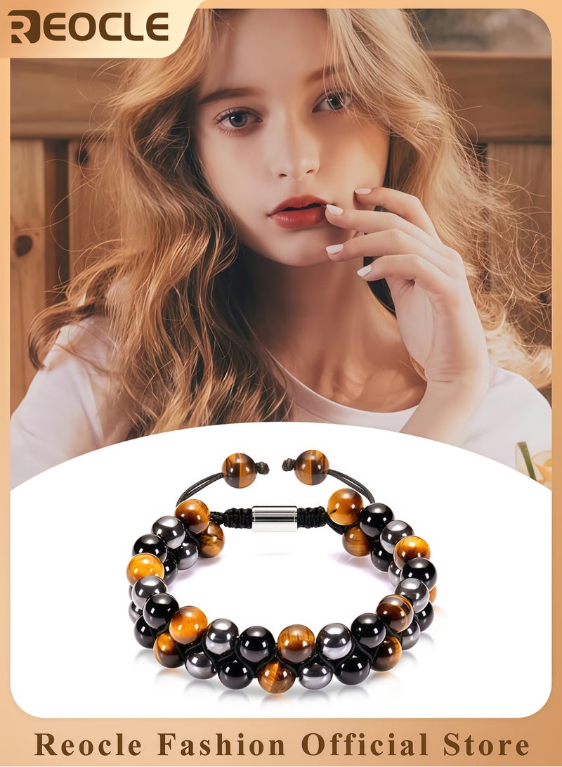 REOCLE Unisex Tiger Eye Obsidian Bracelet Natural Tiger Eye Black Agate and Hematite Bracelet Fashion Beaded Bracelet Quality Choice for Friends and Family  - Image 1