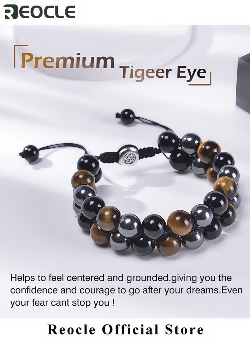 REOCLE Unisex Tiger Eye Obsidian Bracelet Natural Tiger Eye Black Agate and Hematite Bracelet Fashion Beaded Bracelet Quality Choice for Friends and Family  - Image 4