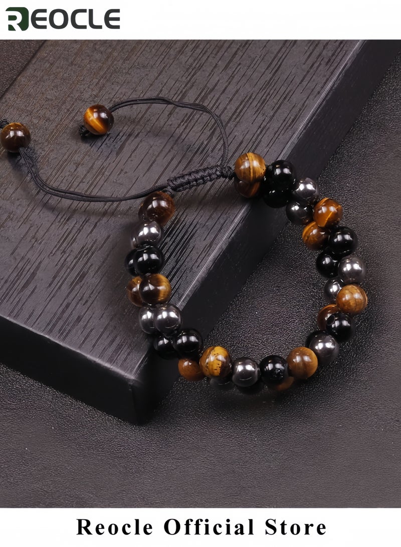 REOCLE Unisex Tiger Eye Obsidian Bracelet Natural Tiger Eye Black Agate and Hematite Bracelet Fashion Beaded Bracelet Quality Choice for Friends and Family  - Image 2
