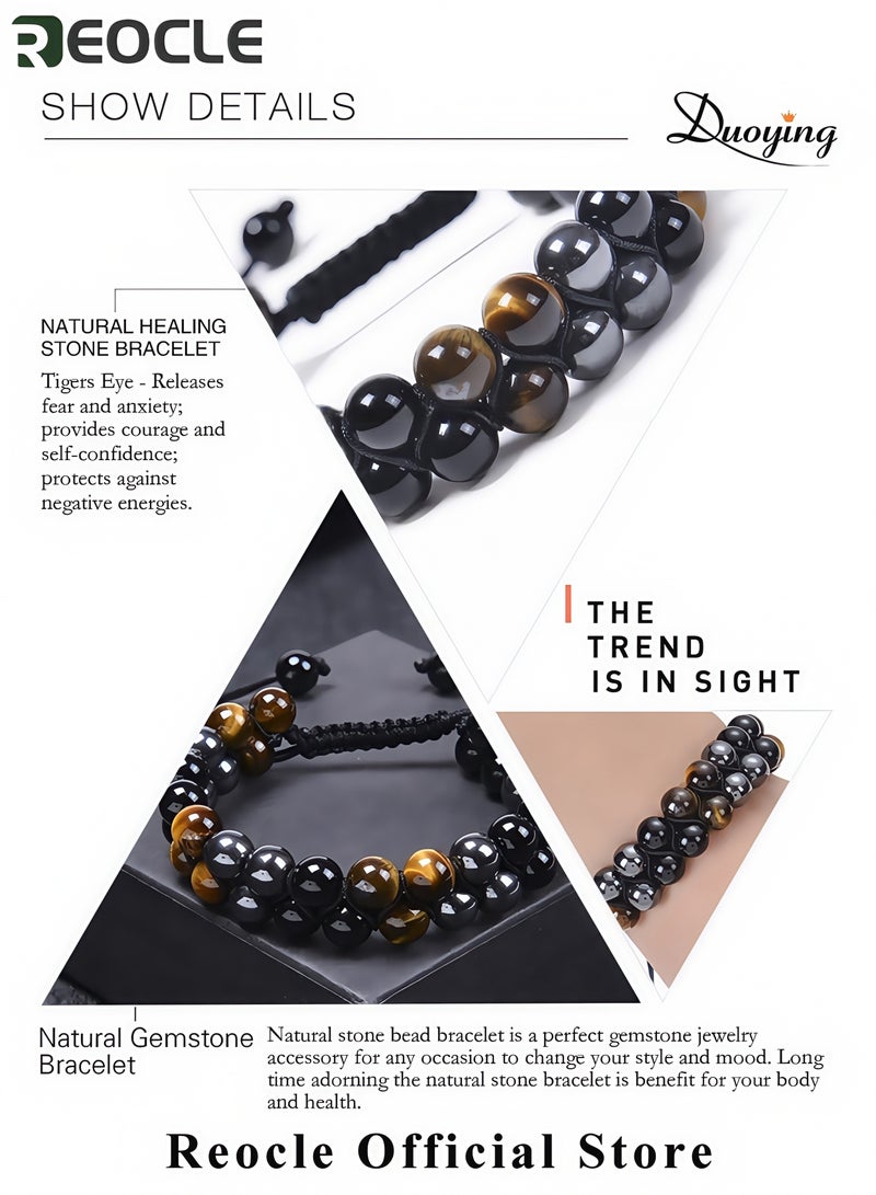 REOCLE Unisex Tiger Eye Obsidian Bracelet Natural Tiger Eye Black Agate and Hematite Bracelet Fashion Beaded Bracelet Quality Choice for Friends and Family  - Image 5