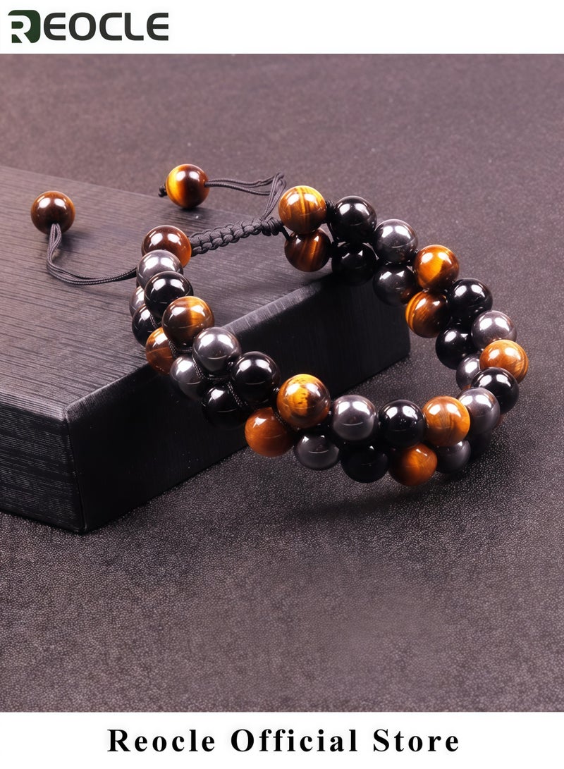 REOCLE Unisex Tiger Eye Obsidian Bracelet Natural Tiger Eye Black Agate and Hematite Bracelet Fashion Beaded Bracelet Quality Choice for Friends and Family  - Image 3
