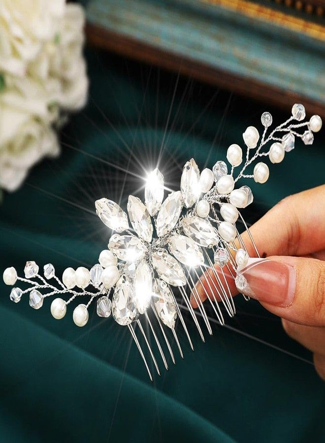 Latious Crystal Bride Wedding Hair Comb Silver Pearl Hair Pieces Rhinestones Bridal Hair Accessories for Women and Girls - Image 1