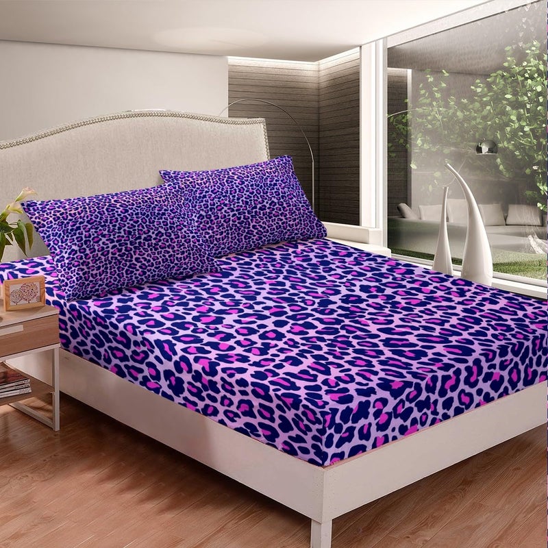 Feelyou Leopard Print Fitted Sheet Purple Cheetah Print Bedding Set Wild Animal Theme Bed Sheet Set for Girls Children Teens Bedroom Decor Stripe Bed Cover Twin Size with 1 Pillow Case - Image 2