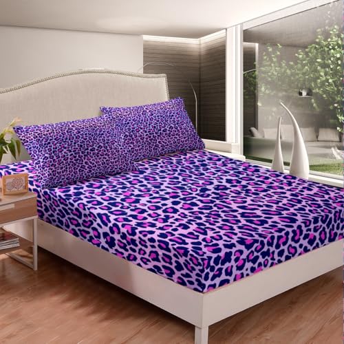 Feelyou Leopard Print Fitted Sheet Purple Cheetah Print Bedding Set Wild Animal Theme Bed Sheet Set for Girls Children Teens Bedroom Decor Stripe Bed Cover Twin Size with 1 Pillow Case - Image 1