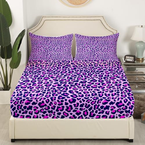 Feelyou Leopard Print Fitted Sheet Purple Cheetah Print Bedding Set Wild Animal Theme Bed Sheet Set for Girls Children Teens Bedroom Decor Stripe Bed Cover Twin Size with 1 Pillow Case - Image 3