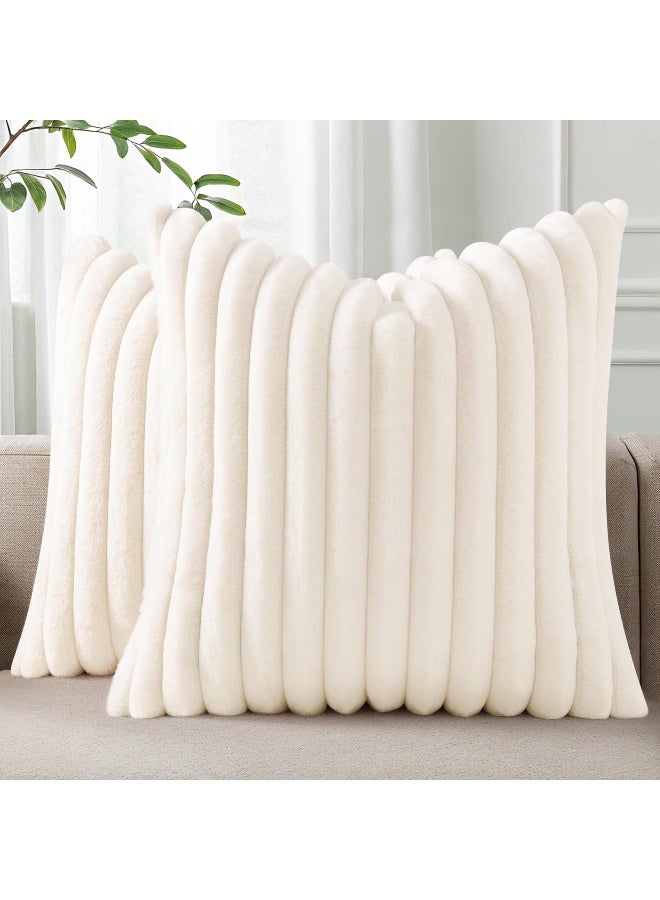 Pallene Faux Fur Plush Christmas Throw Pillow Covers 18x18 Set of 2, Luxury Soft Fluffy Striped Decorative Pillow Covers for Sofa, Couch, Living Room, Cream White - Image 1