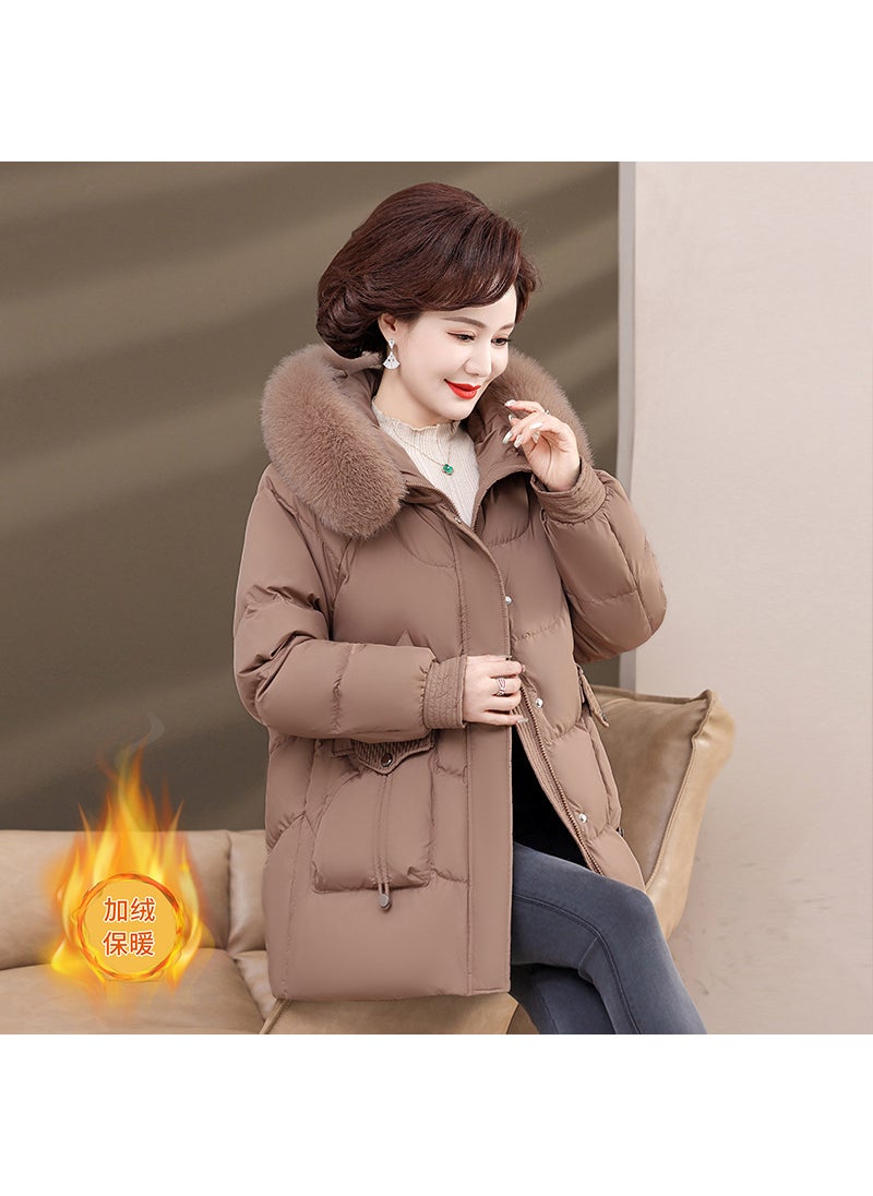 Generic - Elegant Plus Size Velvet Hooded Winter Cotton Coat for Older Women Brown - Image 1
