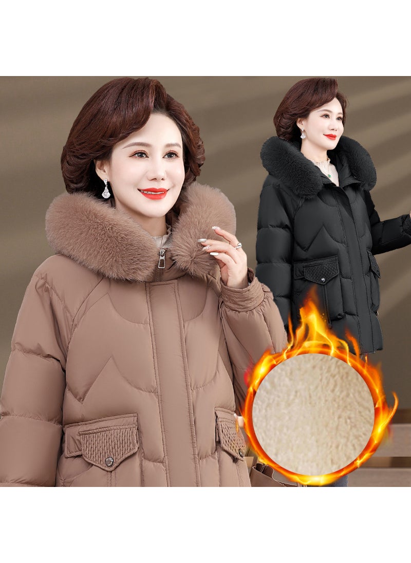 Generic - Elegant Plus Size Velvet Hooded Winter Cotton Coat for Older Women Brown - Image 1