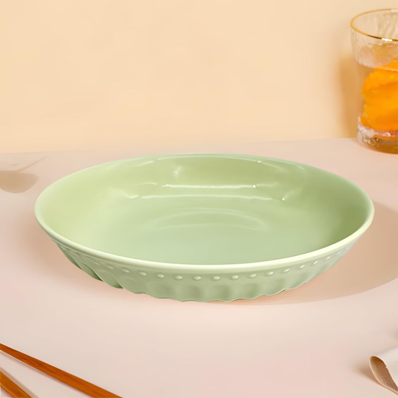 Lemon Tree 18 cm Round Deep Ceramic Salad/Pasta/Snack Plate, Microwave & Dishwasher Safe (Green, Set of 1) - Image 1