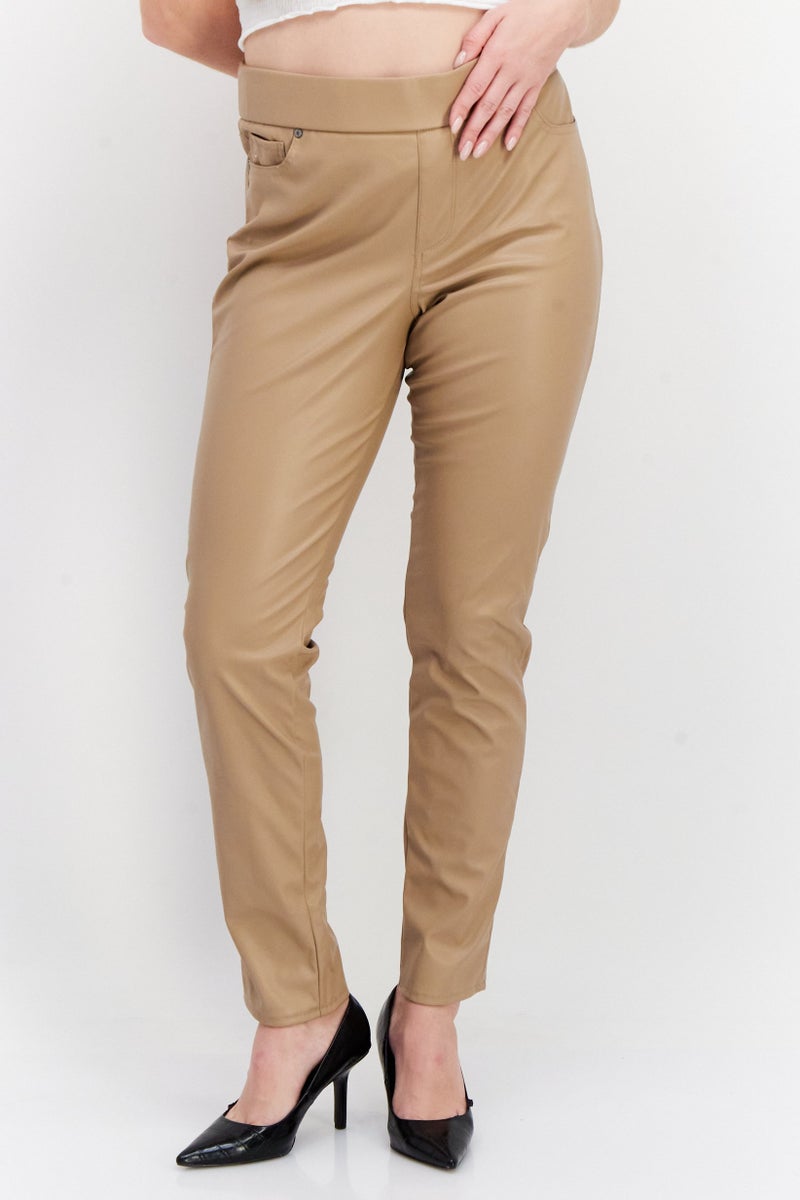Gloria Vanderbilt Women Regular Fit Plain Leather Pants, Beige - Image 1