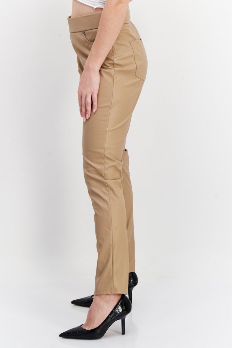 Gloria Vanderbilt Women Regular Fit Plain Leather Pants, Beige - Image 3