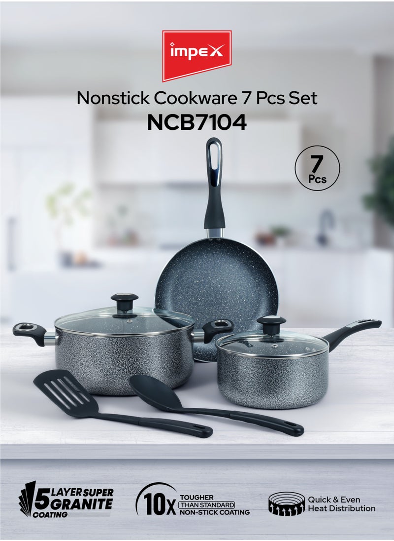Impex - Aluminum Cookware Set Of 7 Pieces-Non-Stick Granite Surface, Tempered Glass Lid, Frying Pan, Saucepan With Lid, Milkpan With Lid,2 Spatula,1 Year Warranty-NCB 7104 - Image 1