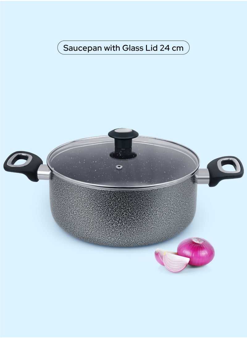 Impex - Aluminum Cookware Set Of 7 Pieces-Non-Stick Granite Surface, Tempered Glass Lid, Frying Pan, Saucepan With Lid, Milkpan With Lid,2 Spatula,1 Year Warranty-NCB 7104 - Image 1