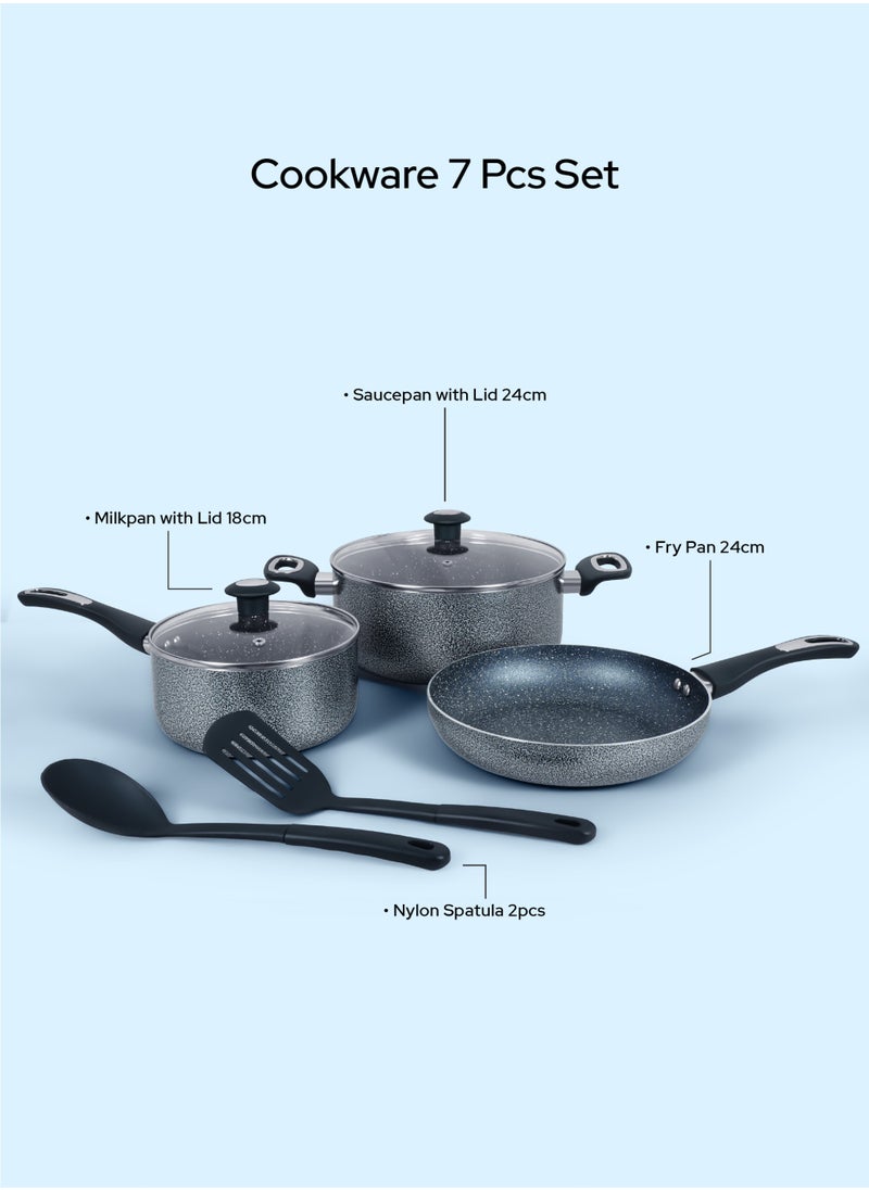 Impex - Aluminum Cookware Set Of 7 Pieces-Non-Stick Granite Surface, Tempered Glass Lid, Frying Pan, Saucepan With Lid, Milkpan With Lid,2 Spatula,1 Year Warranty-NCB 7104 - Image 1