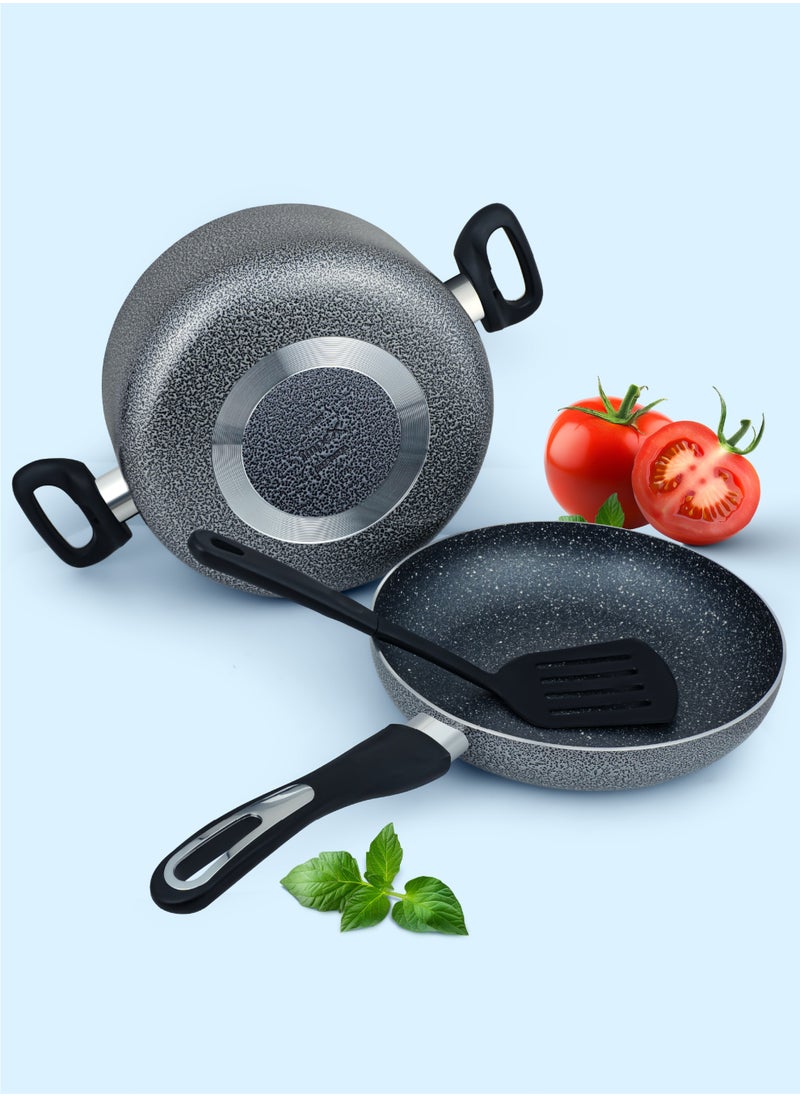 Impex - Aluminum Cookware Set Of 7 Pieces-Non-Stick Granite Surface, Tempered Glass Lid, Frying Pan, Saucepan With Lid, Milkpan With Lid,2 Spatula,1 Year Warranty-NCB 7104 - Image 1