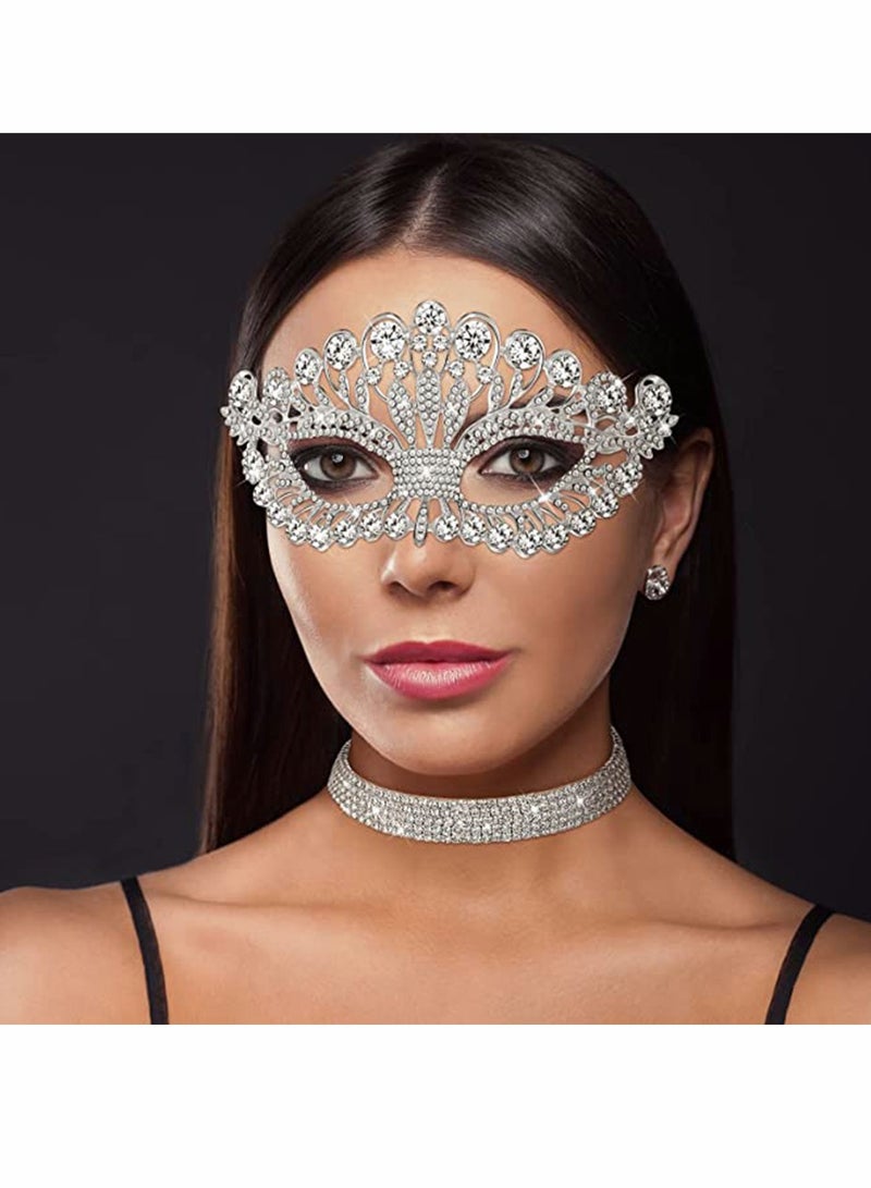 Rhinestone Masquerade Mask and Choker Necklace Jewelry Set, Crystal Eye for Women Costume Party（2 Pcs）  - Image 4