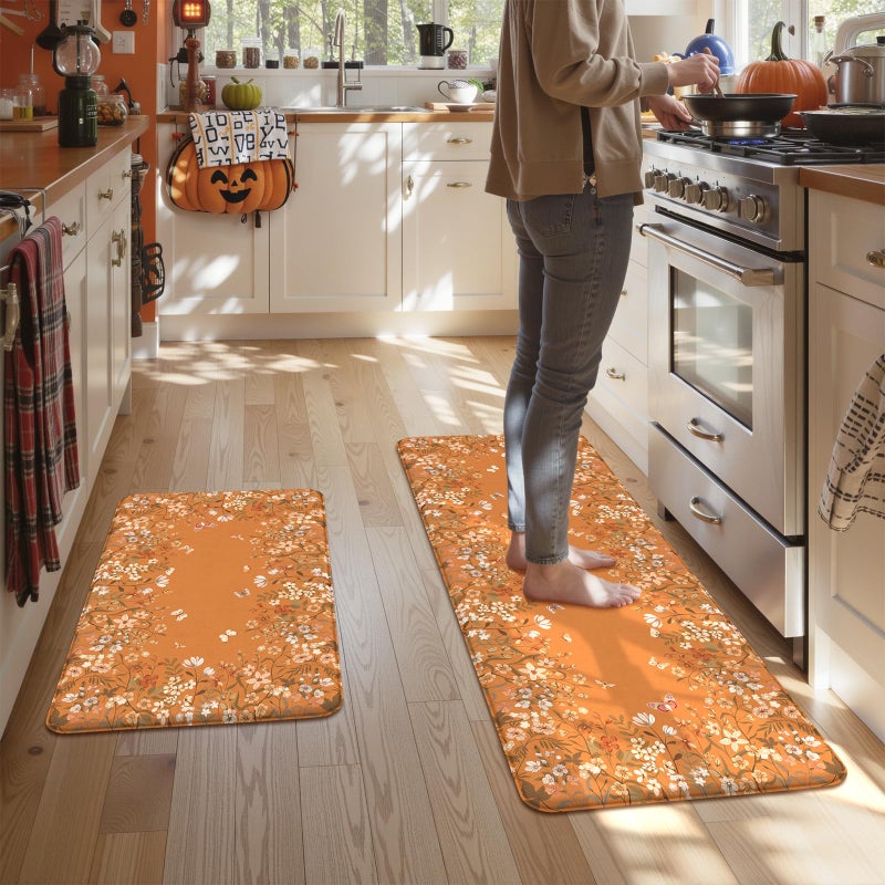 KIMODE Anti Fatigue Kitchen Mats Cushioned, Boho Floral Kitchen Rugs Sets of 2, Fall Kitchen Mat for Floor, Memory Foam Standing Desk Mat for Laundry Office Sink Desk Orange Halloween 17"x47"+17"x29" - Image 1