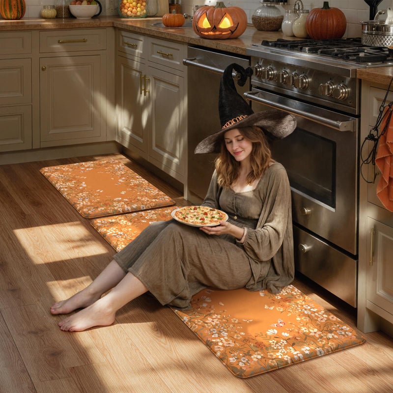 KIMODE Anti Fatigue Kitchen Mats Cushioned, Boho Floral Kitchen Rugs Sets of 2, Fall Kitchen Mat for Floor, Memory Foam Standing Desk Mat for Laundry Office Sink Desk Orange Halloween 17"x47"+17"x29" - Image 2