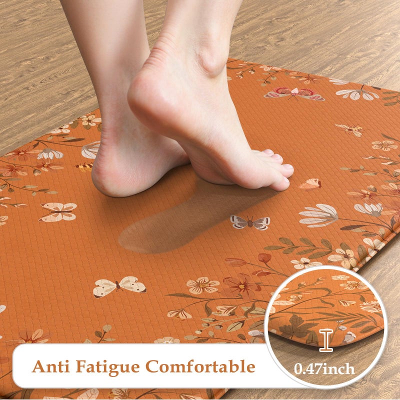 KIMODE Anti Fatigue Kitchen Mats Cushioned, Boho Floral Kitchen Rugs Sets of 2, Fall Kitchen Mat for Floor, Memory Foam Standing Desk Mat for Laundry Office Sink Desk Orange Halloween 17"x47"+17"x29" - Image 3