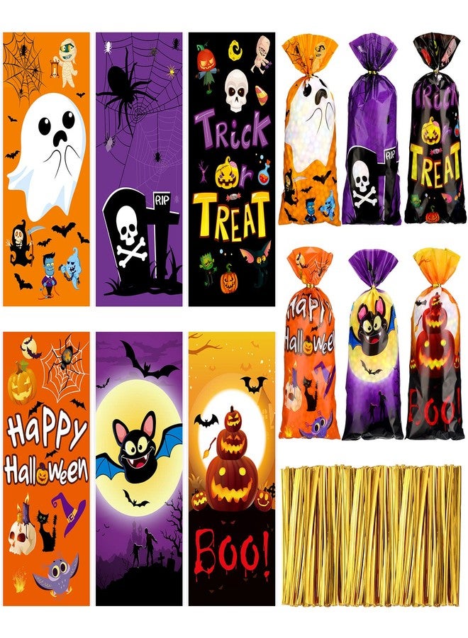 Hotop 120 Pcs Halloween Cellophane Bags Plastic Trick or Treat Candy Goodie Cookie Treat Bags with 150 Pcs Gold Twist Ties for Halloween Theme Party Favor Supplies - Image 1