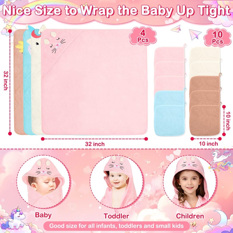 Flasoo 14 Pcs Baby Towel Set, Soft Baby Bath Towels and Washcloths Set, 4 Pcs 32x32 in Animal Hooded Bath Towel & 10 Pcs Baby Washcloths for Infants, Toddlers and Kids for Boys or Girls - Image 3
