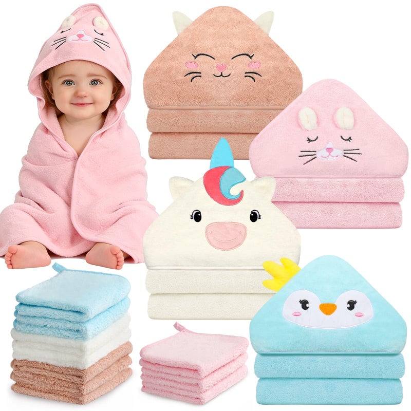 Flasoo 14 Pcs Baby Towel Set, Soft Baby Bath Towels and Washcloths Set, 4 Pcs 32x32 in Animal Hooded Bath Towel & 10 Pcs Baby Washcloths for Infants, Toddlers and Kids for Boys or Girls - Image 1