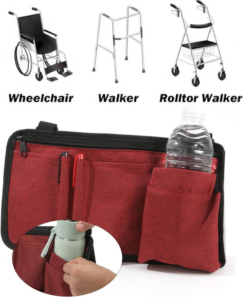 Dongawin Wheelchair Side Bag with Cup Holder – Armrest Pouch for Walkers, Rollators, and Scooters – Electric Scooter Accessories for Seniors and Adults (kermesinus) - Image 5