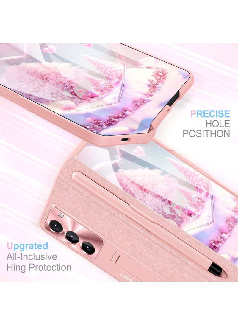 جراب لهاتف Samsung Galaxy Z Fold 5 مع قلم S Pen وواقي شاشة فائق النحافة 9H مع غطاء حماية مفصلي فاخر للهاتف بدون بصمات الأصابع وزجاج أمامي شامل بلون وردي بناتي - Image 3