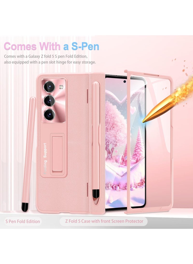 جراب لهاتف Samsung Galaxy Z Fold 5 مع قلم S Pen وواقي شاشة فائق النحافة 9H مع غطاء حماية مفصلي فاخر للهاتف بدون بصمات الأصابع وزجاج أمامي شامل بلون وردي بناتي - Image 4