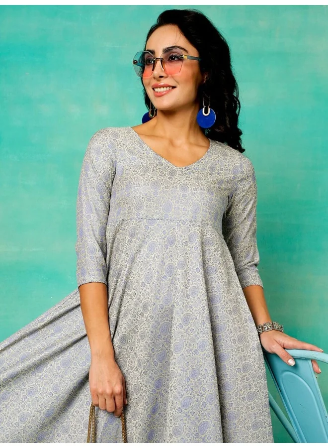 أيه كيه إس Grey & Blue Brocade Woven Design Flared Maxi
