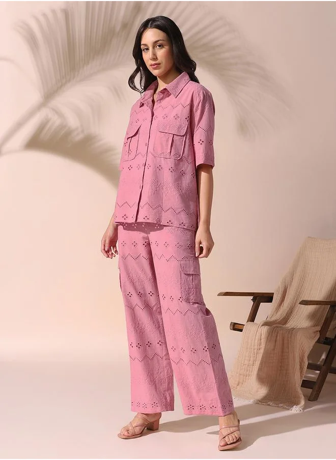 Dennis Lingo Women pink relaxed fit embroidered half sleeves button down cotton blend co-ords set with button closure featuring a spread collar- tailored to elevate your everyday.