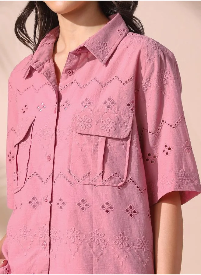 Dennis Lingo Women pink relaxed fit embroidered half sleeves button down cotton blend co-ords set with button closure featuring a spread collar- tailored to elevate your everyday.