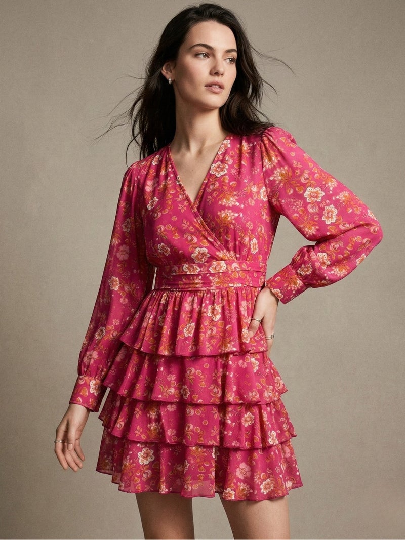 OUTZIDR Pink Elegant Floral Layered Ruffle Hem Dress - Image 2