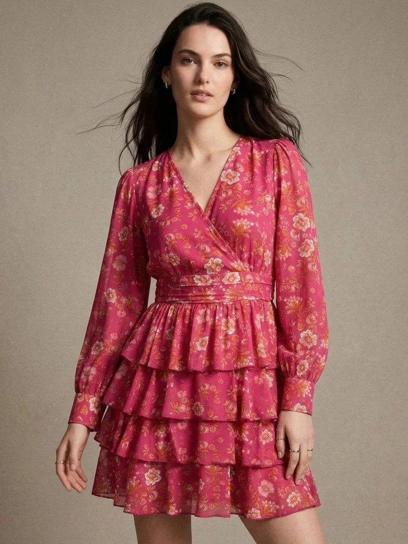Pink Elegant Floral Layered Ruffle Hem Dress
