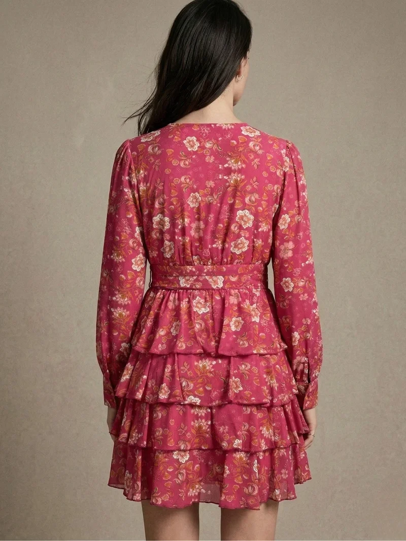 OUTZIDR  Pink Elegant Floral Layered Ruffle Hem Dress for Women | Best Price UAE