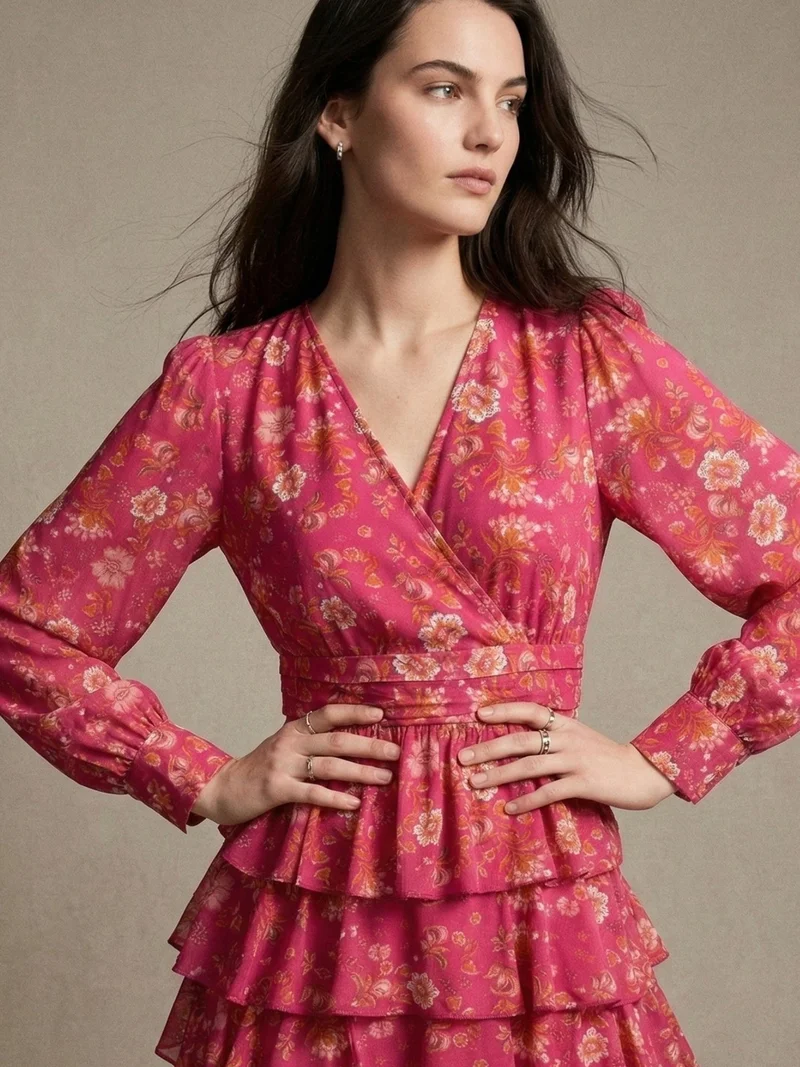 OUTZIDR  Pink Elegant Floral Layered Ruffle Hem Dress for Women | Best Price UAE