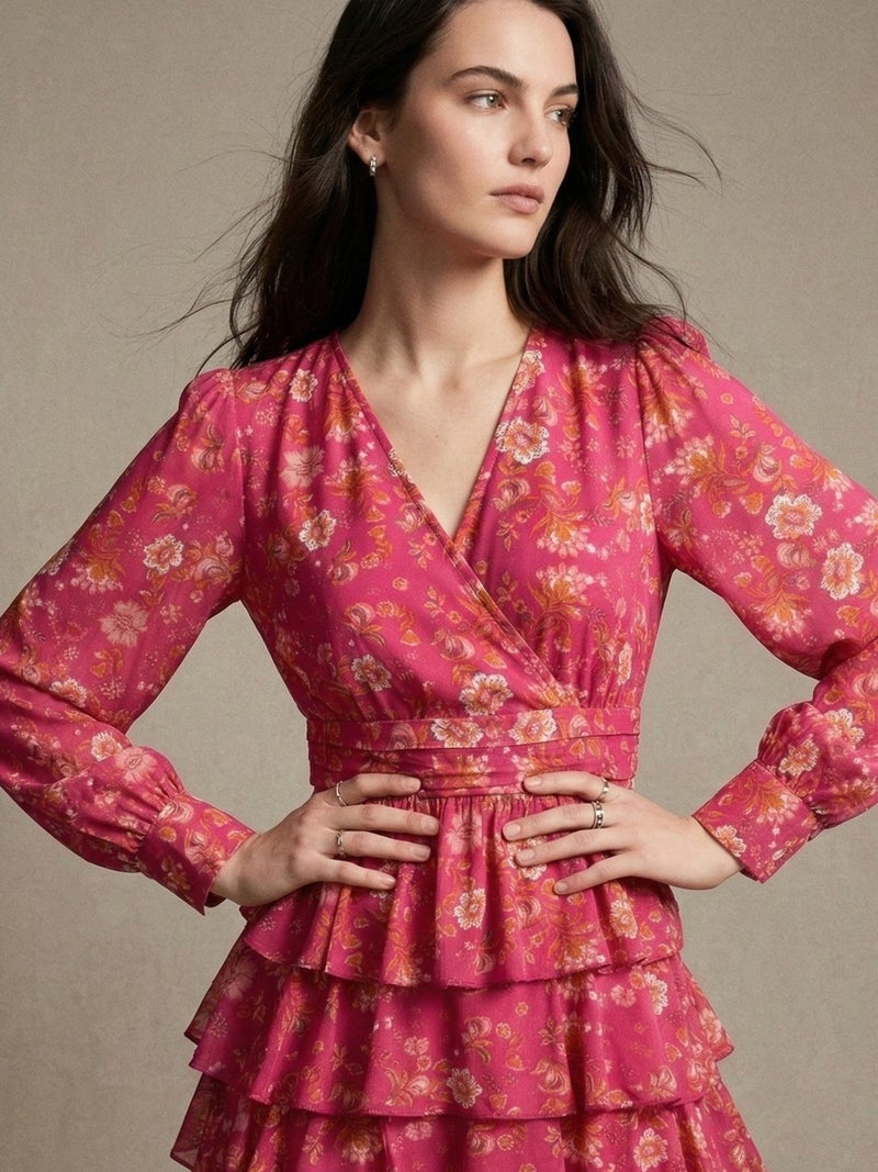 OUTZIDR Pink Elegant Floral Layered Ruffle Hem Dress - Image 4