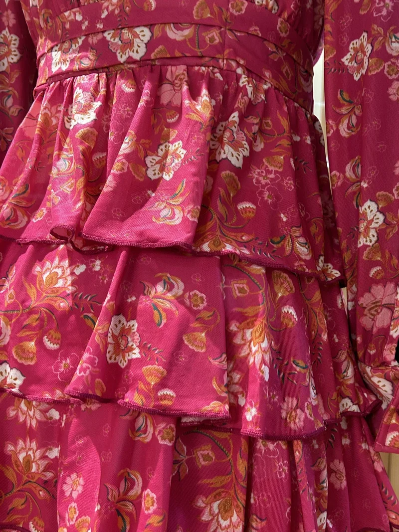 OUTZIDR  Pink Elegant Floral Layered Ruffle Hem Dress for Women | Best Price UAE