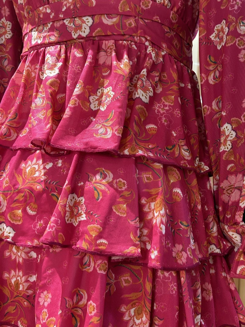 OUTZIDR Pink Elegant Floral Layered Ruffle Hem Dress - Image 5